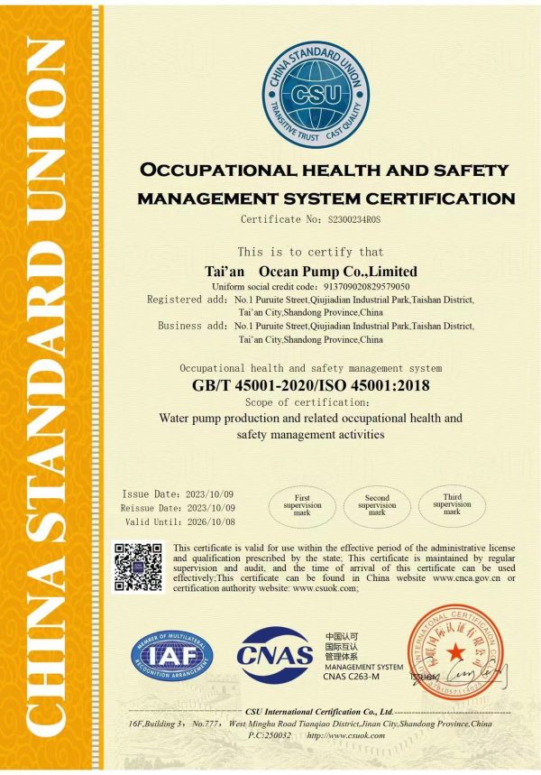 Certificat ISO 45001 pour les pompes OCEAN
